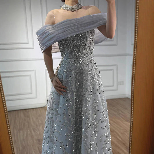 Glamorous Silver Gray Off-the-Shoulder Beaded Evening Dress Ball Gown LA73062