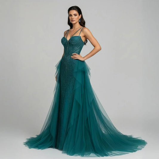 Green Beaded Mermaid Luxury Evening Dress with Skirt LA73455