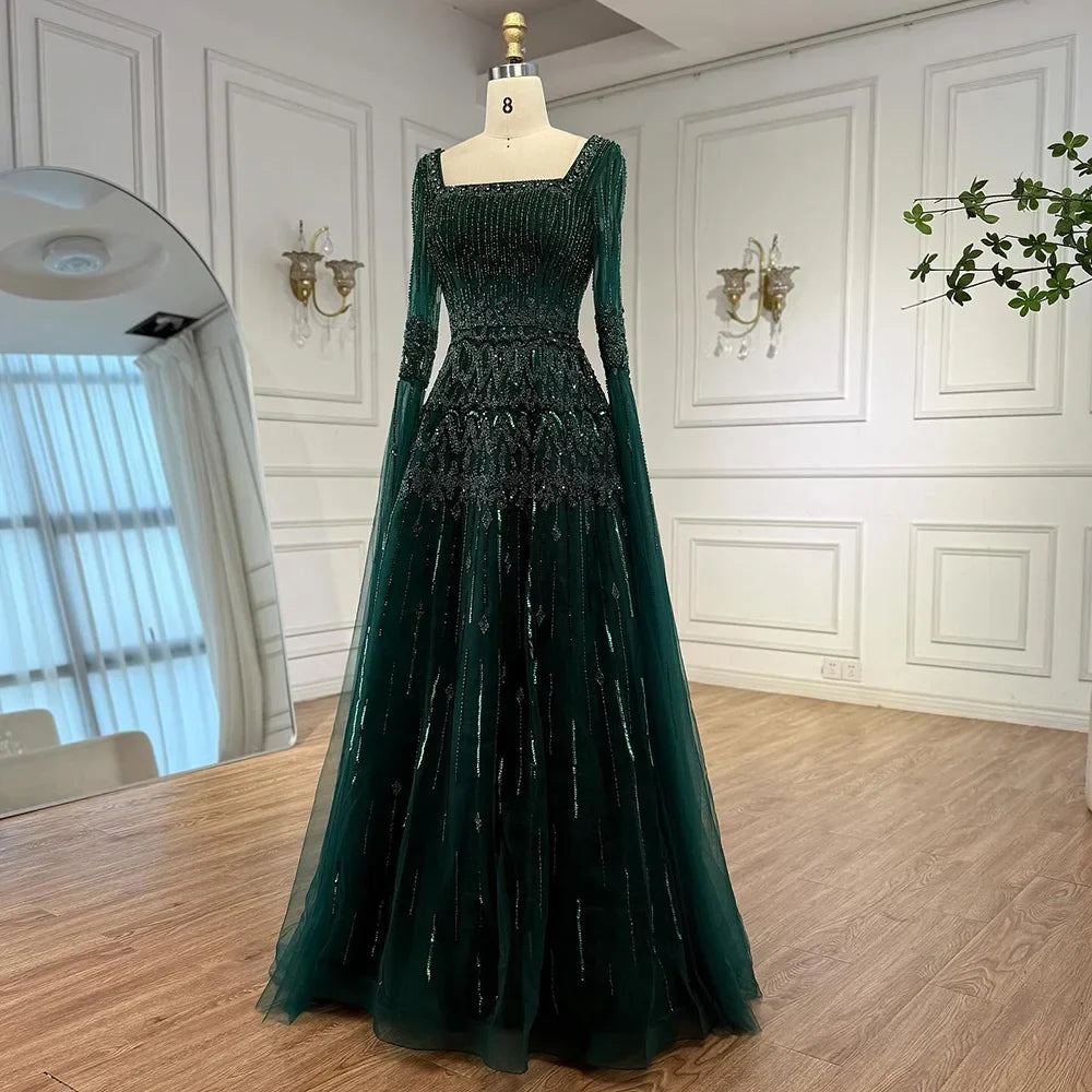 Green A-Line Beaded Evening Dress with Cape Sleeves LA73089