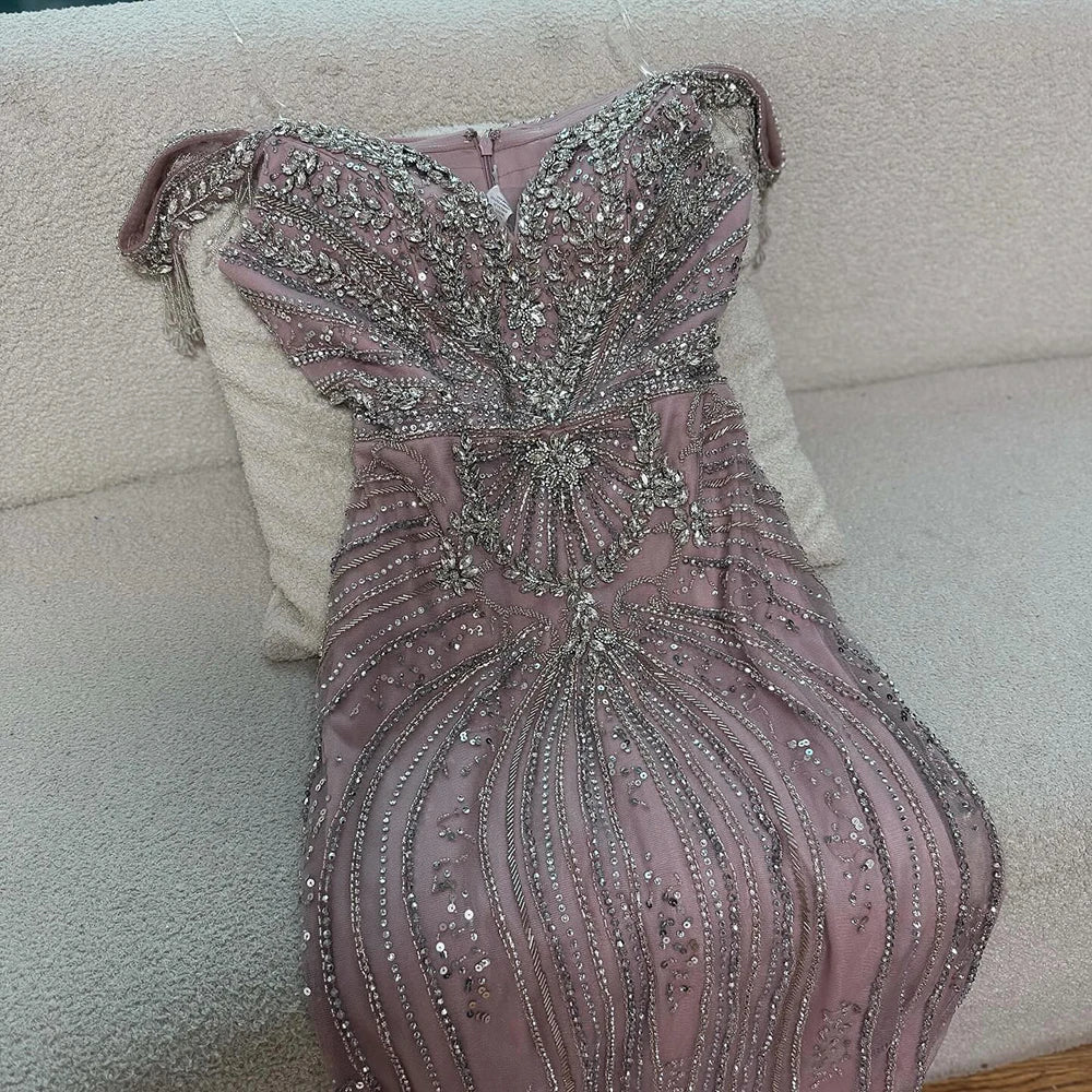 Luxury Pink Beaded Tassel Off-the-Shoulder Evening Dress Dubai Style LA73204