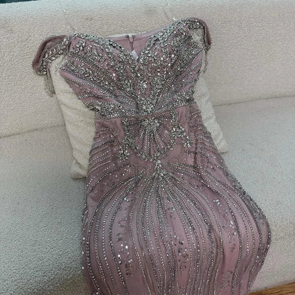 Luxury Pink Beaded Tassel Off-the-Shoulder Evening Dress Dubai Style LA73204