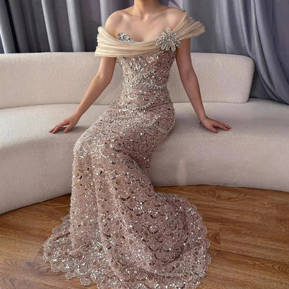 Nude Heady Beaded Off-the-Shoulder Mermaid Evening Dress LA73365A