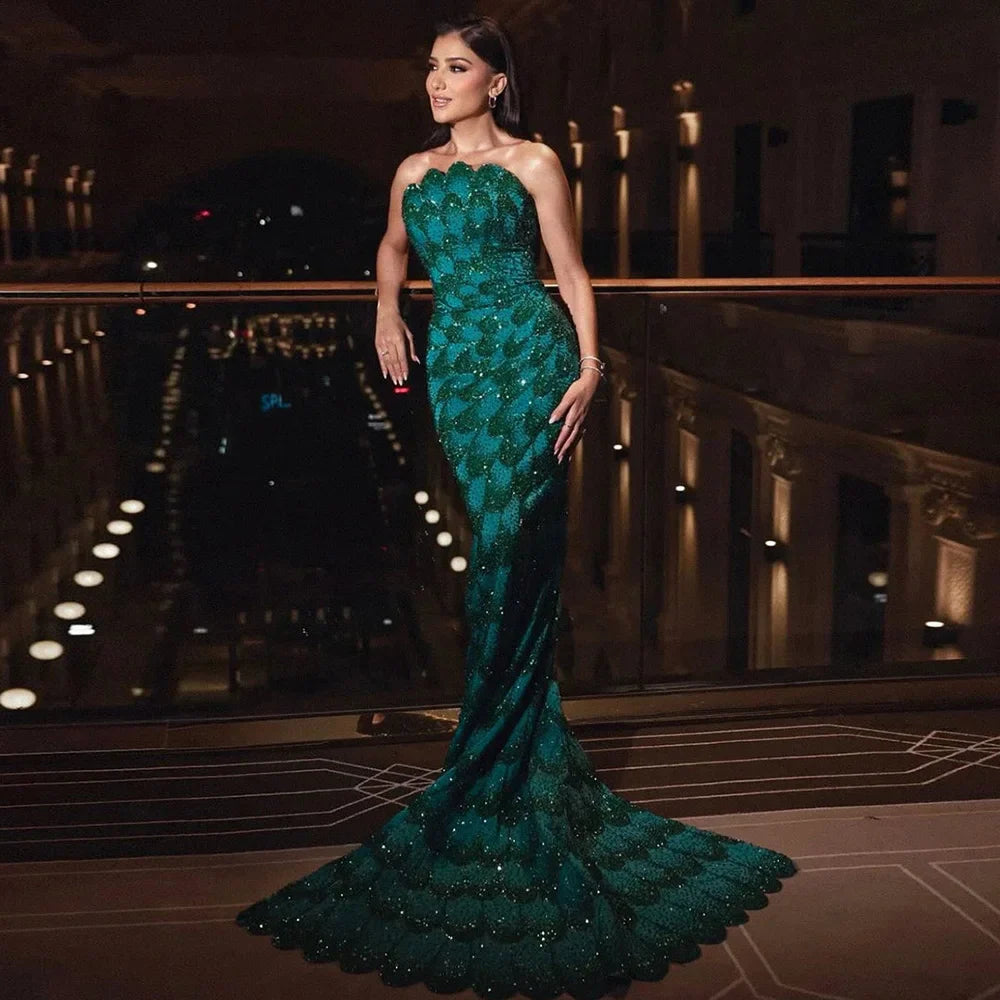 Luxury Arabic Designer Elegant Green Mermaid Evening Dress LA73117