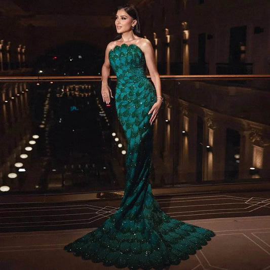 Luxury Arabic Designer Elegant Green Mermaid Evening Dress LA73117