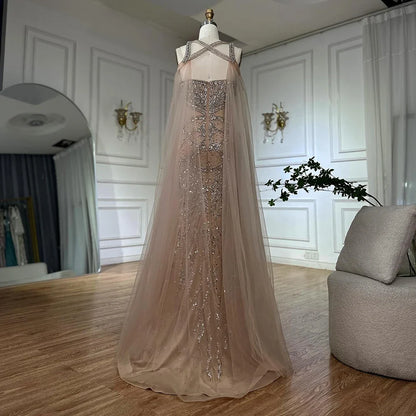 Pink Beaded Luxury Mermaid Evening Dress with Detachable Cape LA72806