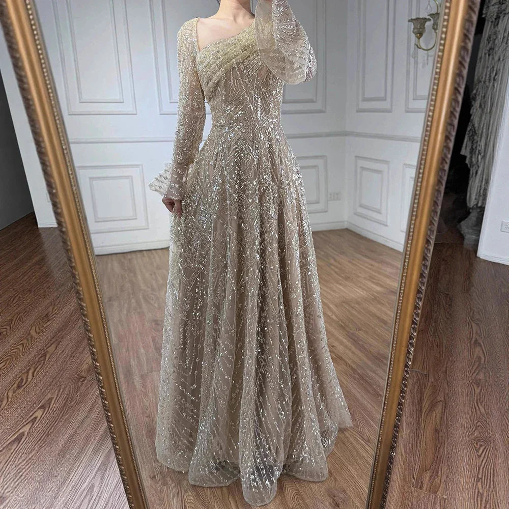 Luxury Turquoise Beaded A-Line Long Sleeve Evening Dress LA73177