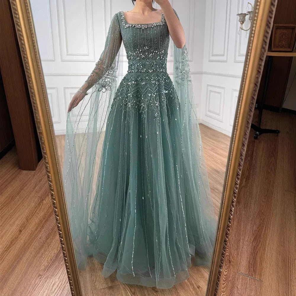 Caramel Beaded A-Line Evening Dress with Cape Sleeves LA73089A