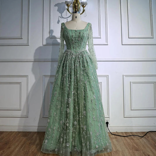 Modest Sage Green Beaded Evening Dress with Long Sleeve LA72805B