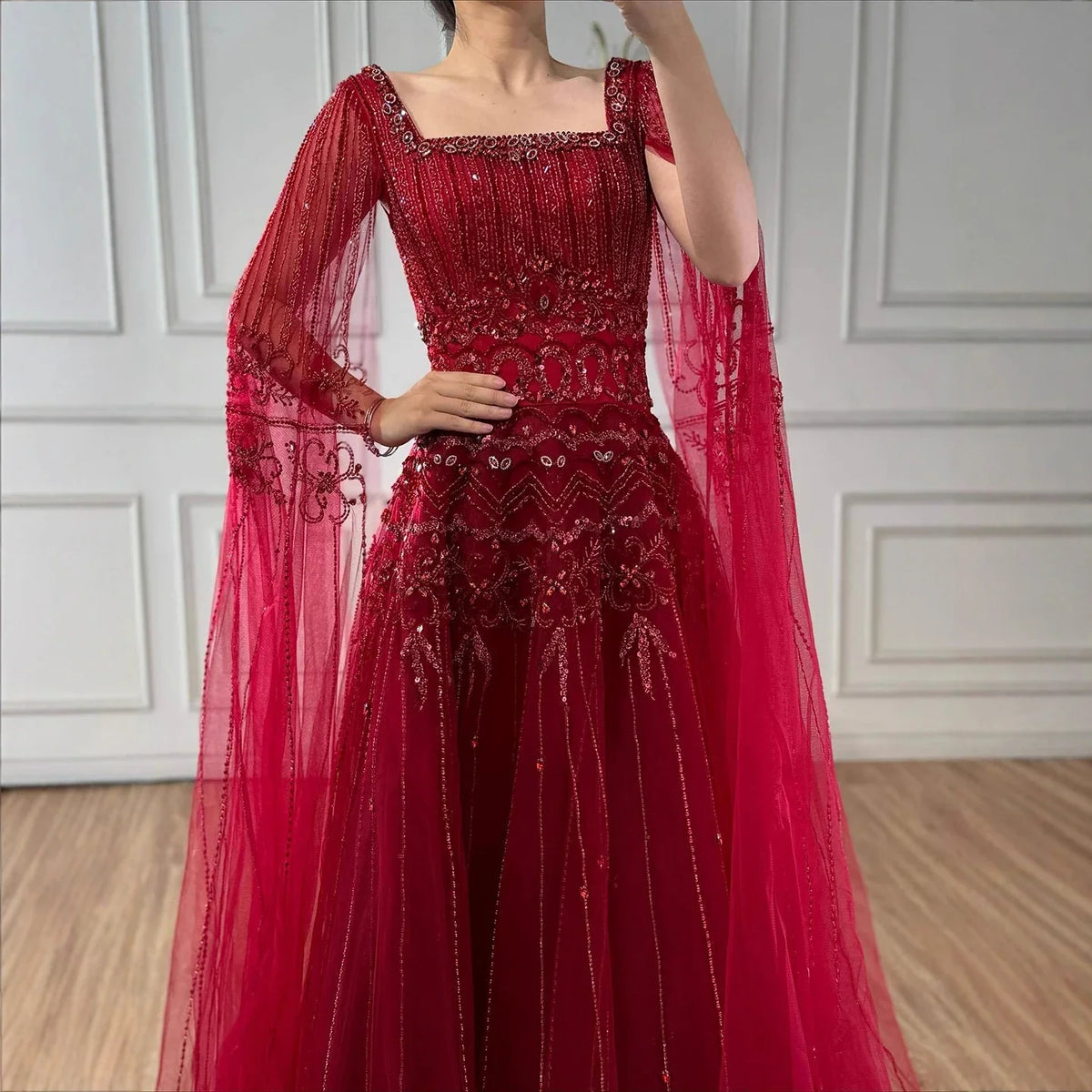 Caramel Beaded A-Line Evening Dress with Cape Sleeves LA73089A