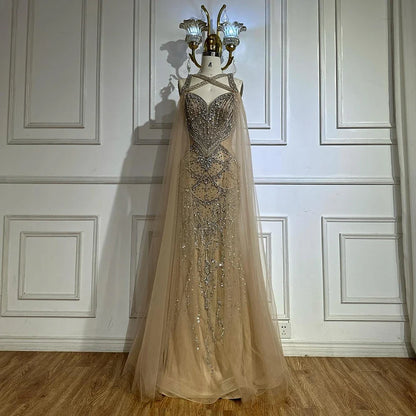 Pink Beaded Luxury Mermaid Evening Dress with Detachable Cape LA72806