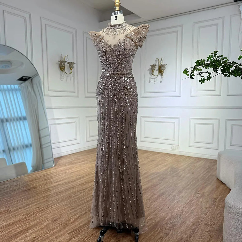 Saudi Arabic Modest High Neck Caramel Mermaid Beaded Evening Dress LA73082