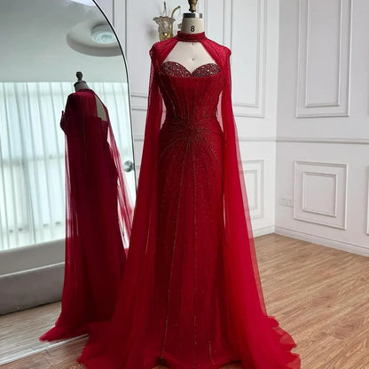 Red Beaded Mermaid Luxury Evening Dress with Cape LA72811A