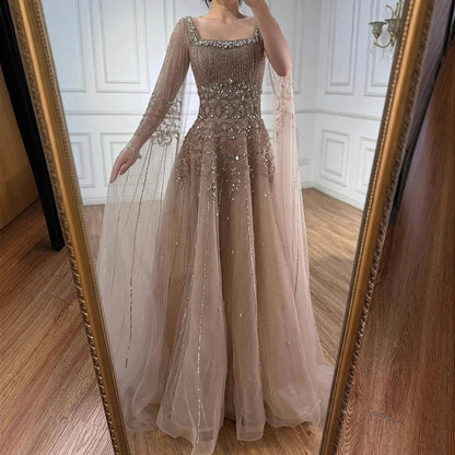 Caramel Beaded A-Line Evening Dress with Cape Sleeves LA73089A