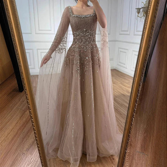 Caramel Beaded A-Line Evening Dress with Cape Sleeves LA73089A