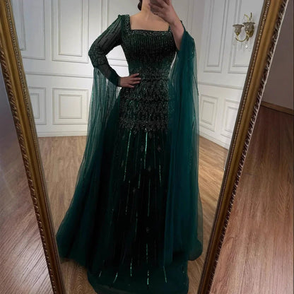 Green A-Line Beaded Evening Dress with Cape Sleeves LA73089