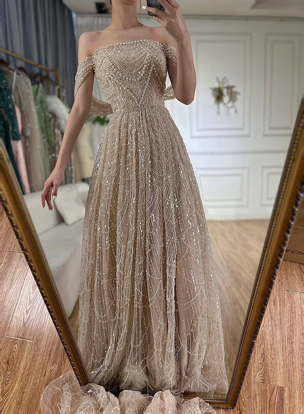 Luxury Beaded Pink Off-the-Shoulder A-Line Evening Dress LA72738