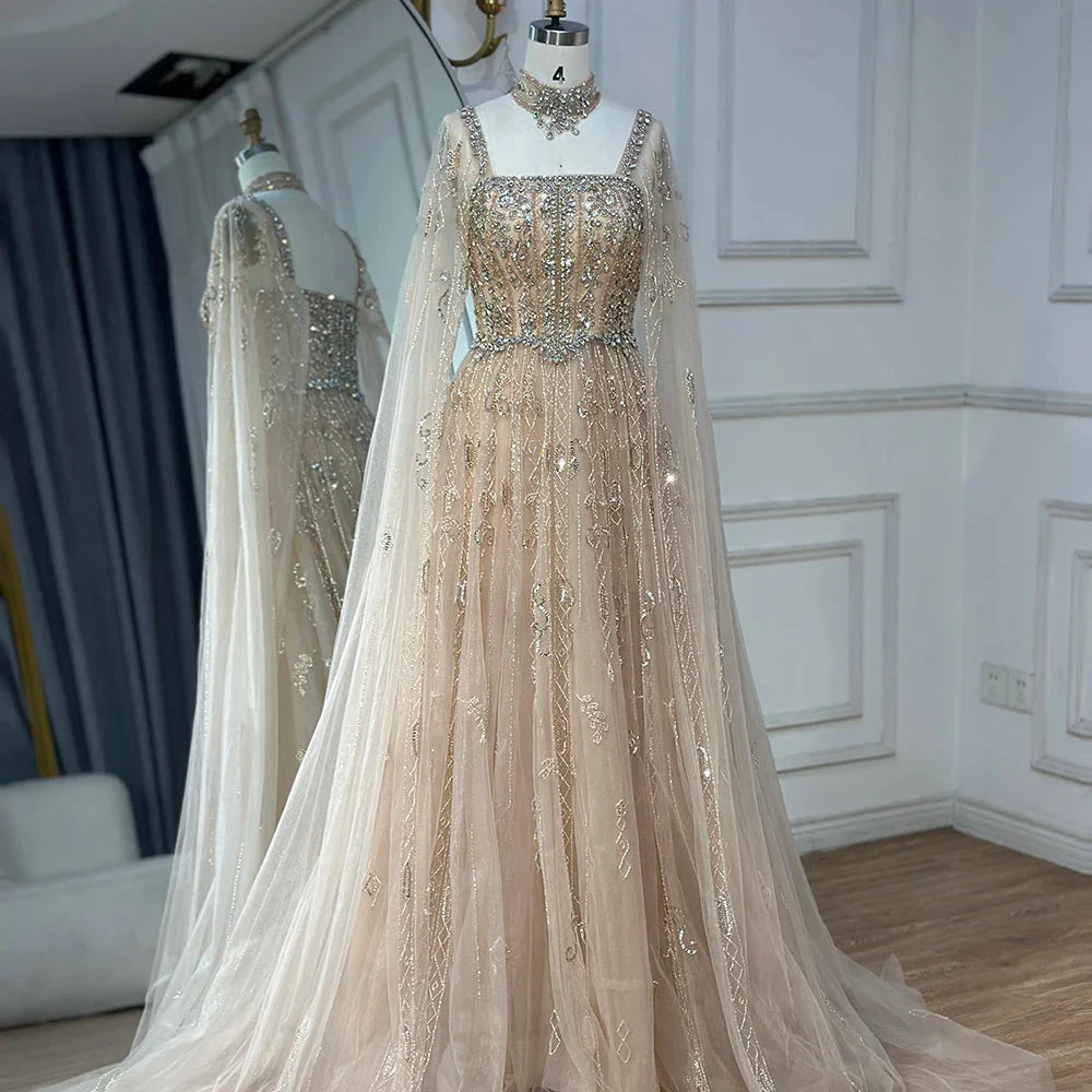 Luxury Cape Sleeve Nude A-Line Crystal Beaded Arabic Evening Dress LA72764