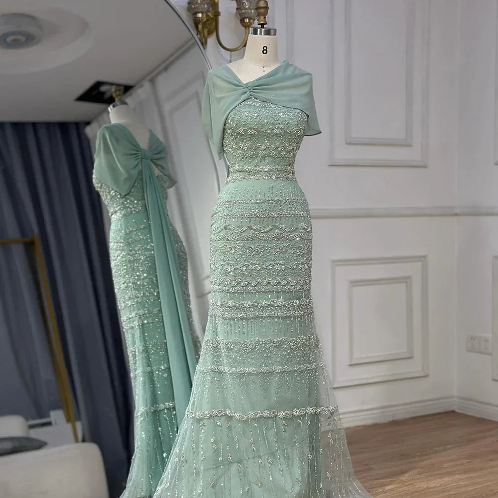 Elegant Sage Green Beaded Evening Dress with Sheer Cape LA72126B