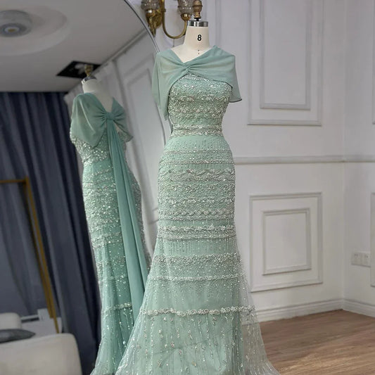 Elegant Sage Green Beaded Evening Dress with Sheer Cape LA72126B