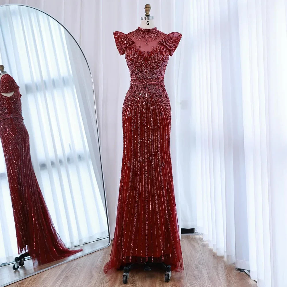 Saudi Arabic Modest High Neck Caramel Mermaid Beaded Evening Dress LA73082