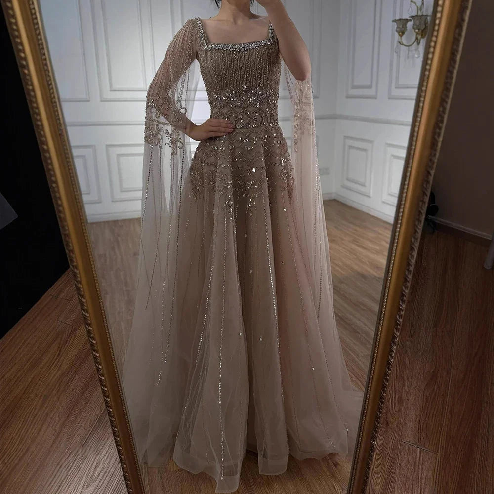 Caramel Beaded A-Line Evening Dress with Cape Sleeves LA73089A