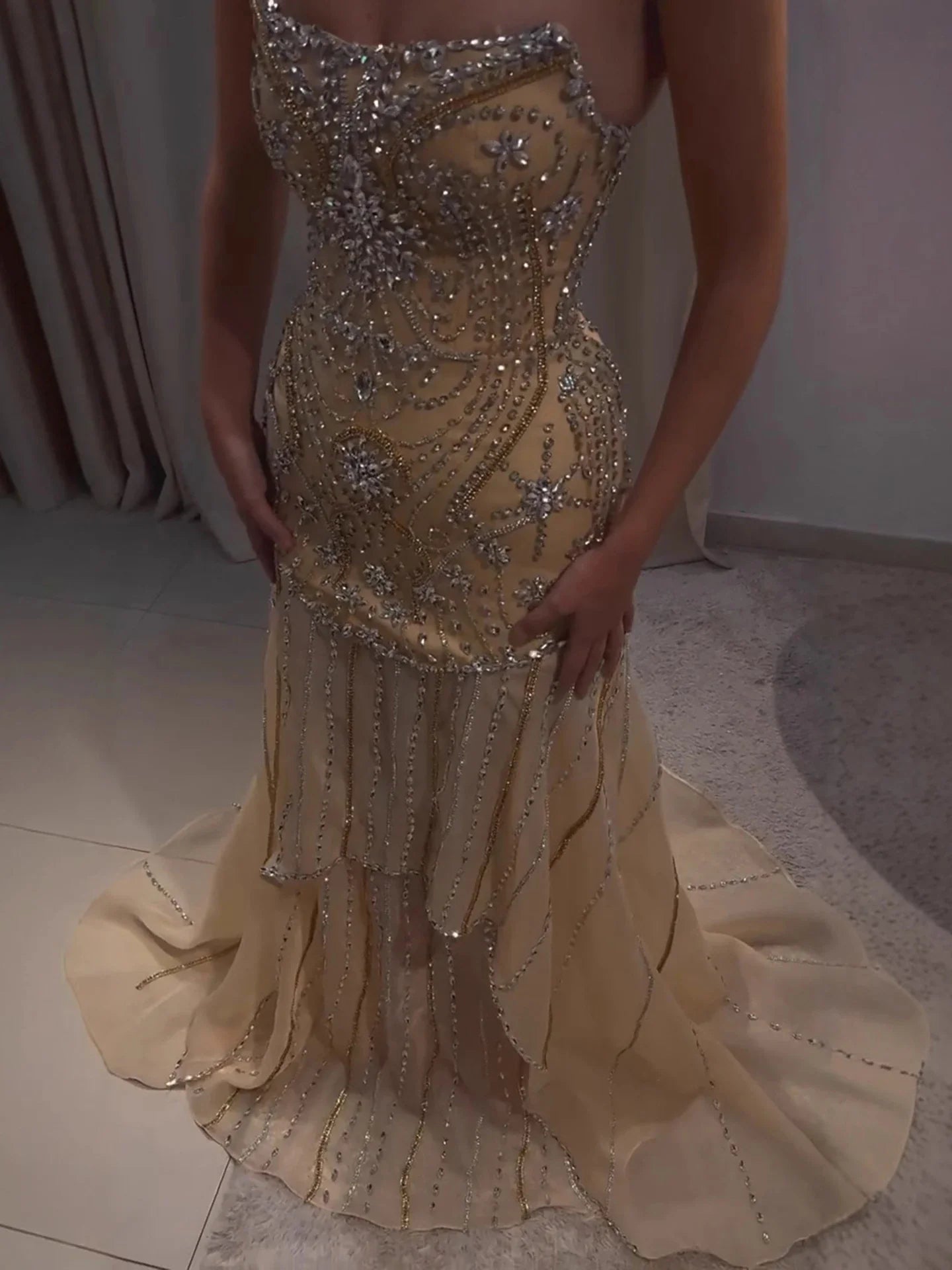 Luxury Gold Diamond Evening Dress with Cape for Wedding Party LA73224