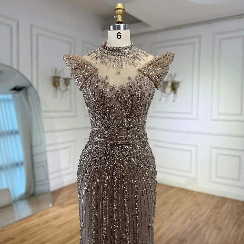 Saudi Arabic Modest High Neck Caramel Mermaid Beaded Evening Dress LA73082