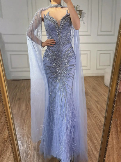 Luxury Caramel Feathers Beaded Evening Dress with Cape for Formal Occasion LA72882