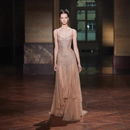 Nude Strap Sweetheart Beaded A-line Evening Dress LA73189