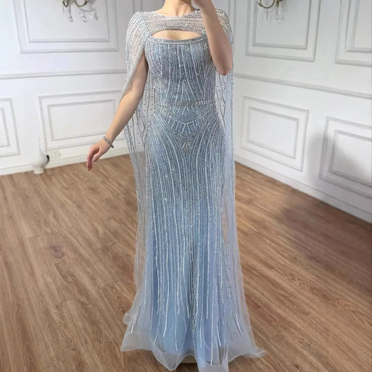 Elegant Blue Strapless Beaded Evening Dress with Cape LA73426