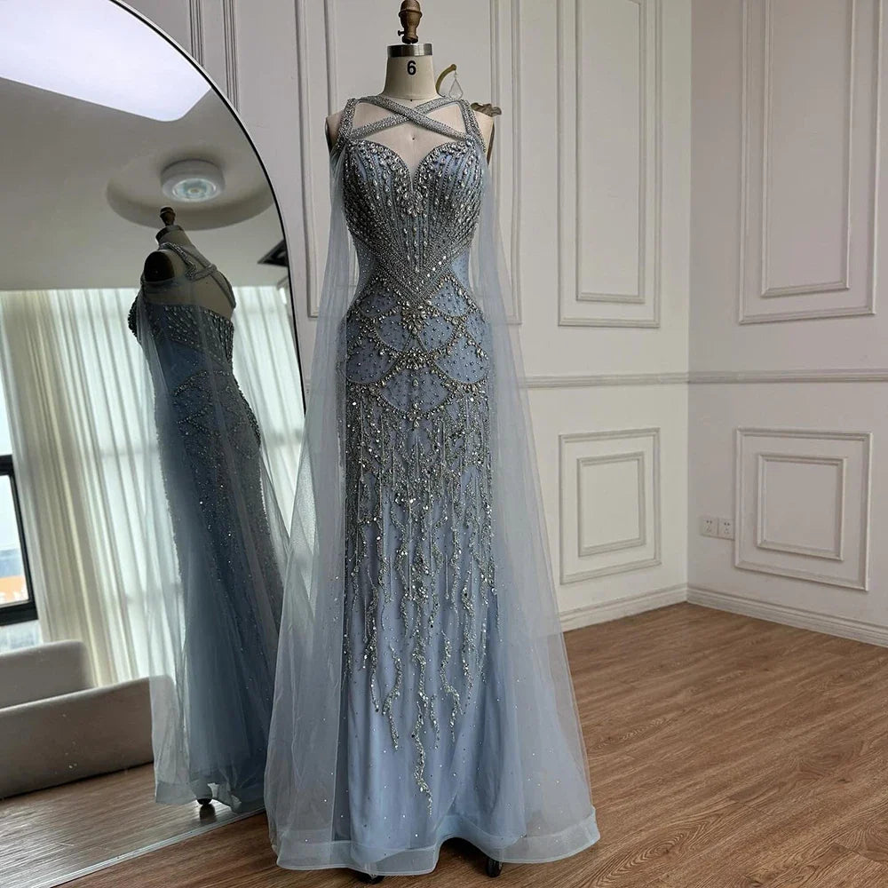 Pink Beaded Luxury Mermaid Evening Dress with Detachable Cape LA72806