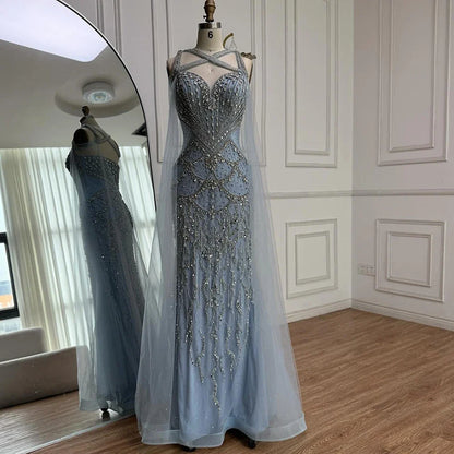 Pink Beaded Luxury Mermaid Evening Dress with Detachable Cape LA72806