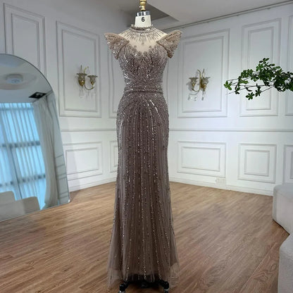Saudi Arabic Modest High Neck Caramel Mermaid Beaded Evening Dress LA73082