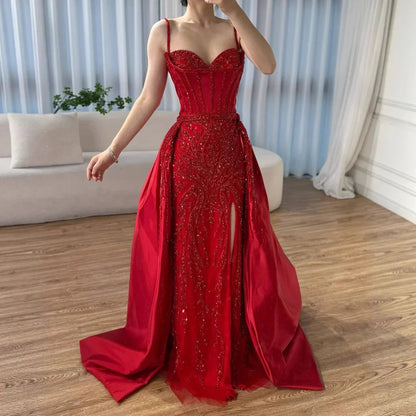 Red Beaded High Slit Evening Gown with Overskirt LA72936