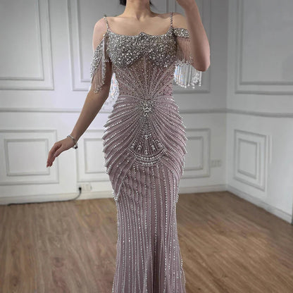 Luxury Nude Pearls Beaded Mermaid Evening Dress Off-the-Shoulder LA73148