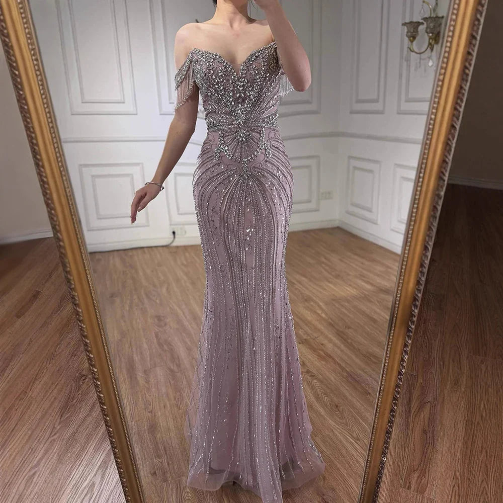 Luxury Pink Beaded Tassel Off-the-Shoulder Evening Dress Dubai Style LA73204