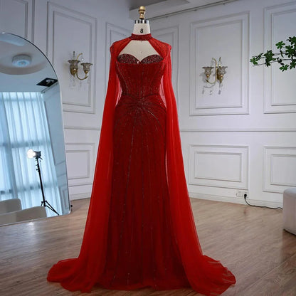 Red Beaded Mermaid Luxury Evening Dress with Cape LA72811A