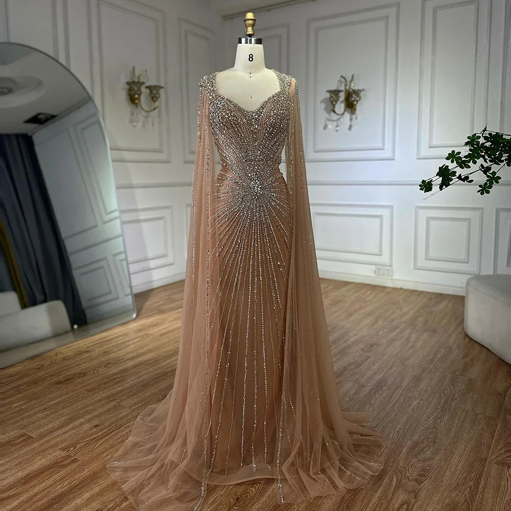 Dubai Pink Cape Sleeves Beaded Evening Dress Formal LA72575A