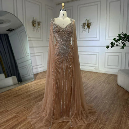 Dubai Pink Cape Sleeves Beaded Evening Dress Formal LA72575A