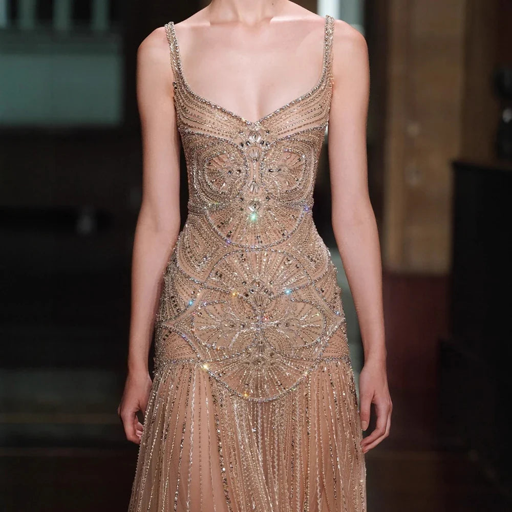 Nude Strap Sweetheart Beaded A-line Evening Dress LA73189