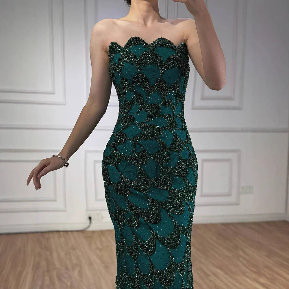 Luxury Arabic Designer Elegant Green Mermaid Evening Dress LA73117