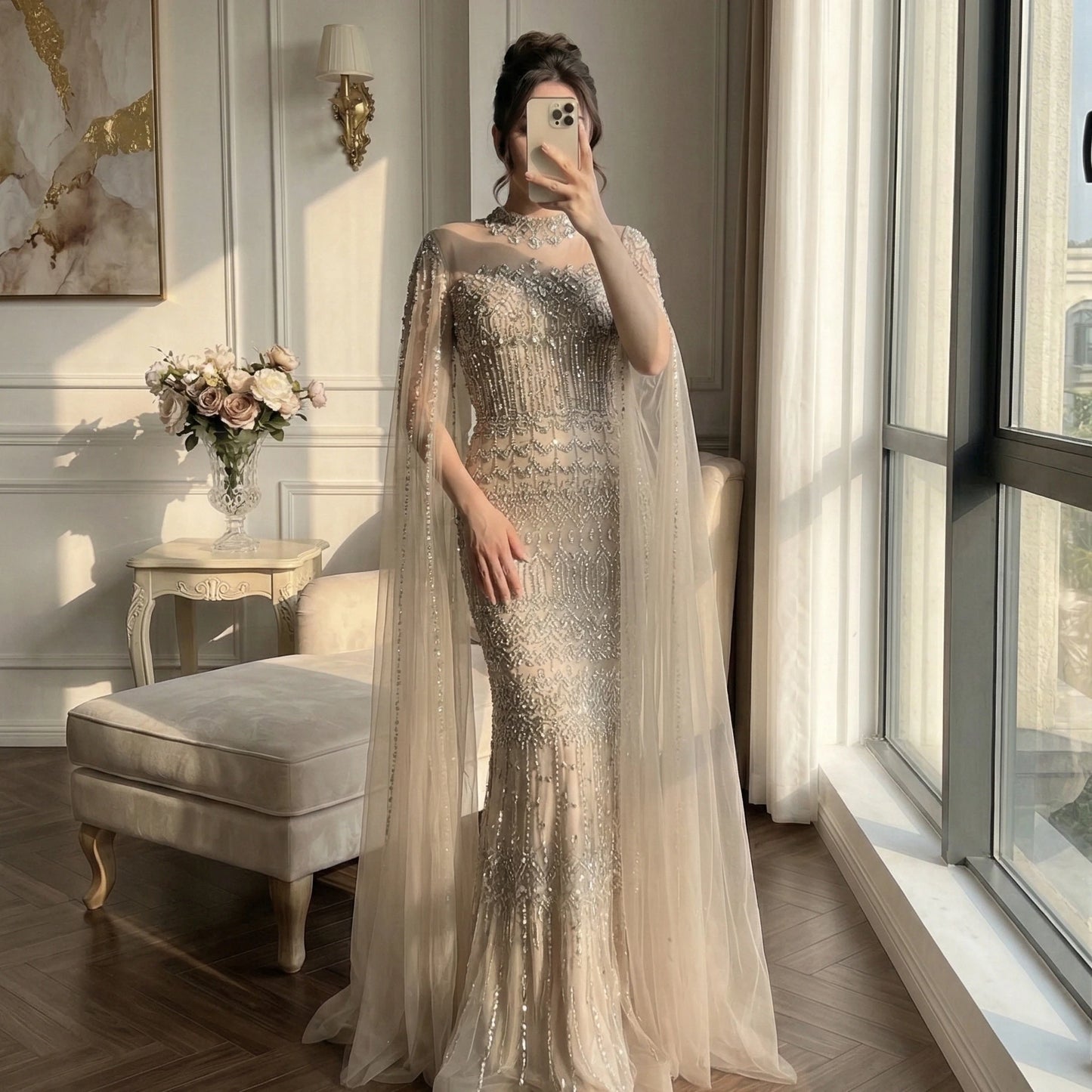 Nude Hand-Beading Evening Dress Cape Sleeve for Formal Night Wedding Party LA72714A