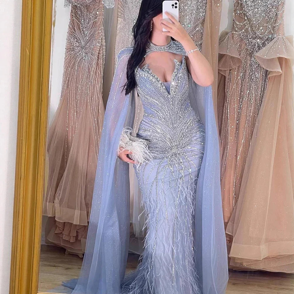Luxury Caramel Feathers Beaded Evening Dress with Cape for Formal Occasion LA72882