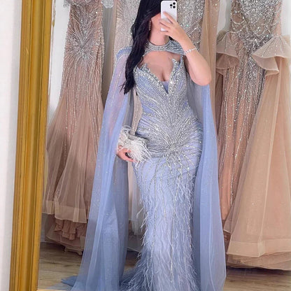 Luxury Caramel Feathers Beaded Evening Dress with Cape for Formal Occasion LA72882