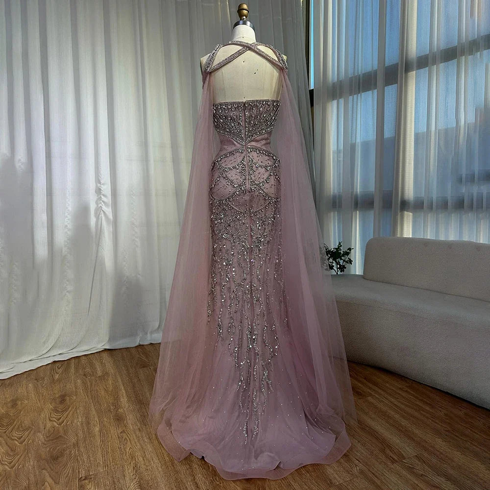 Pink Beaded Luxury Mermaid Evening Dress with Detachable Cape LA72806