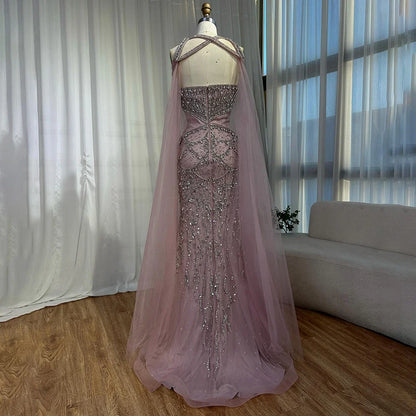Pink Beaded Luxury Mermaid Evening Dress with Detachable Cape LA72806