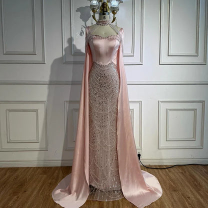 Pink Sweetheart Pearls Beaded Evening Dress with Cape Sleeve LA73051