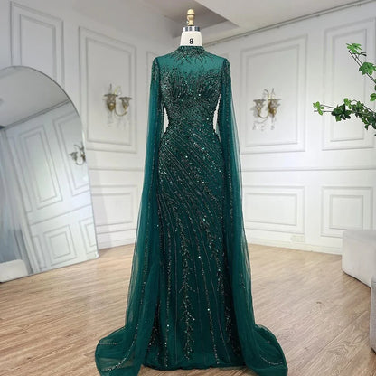 Luxury Modest Nude Mermaid Evening Dress with Cape Sleeves LA71885A