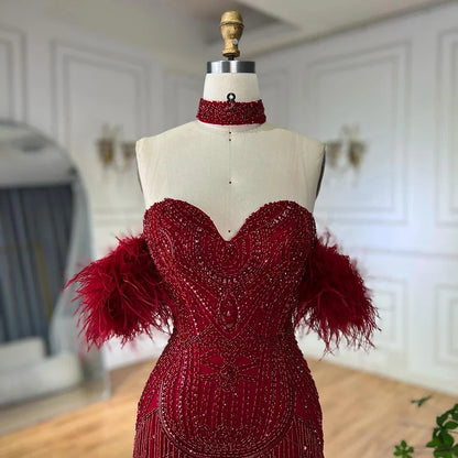 Luxury Red Mermaid High Slit Evening Dress with Tassel LA72083