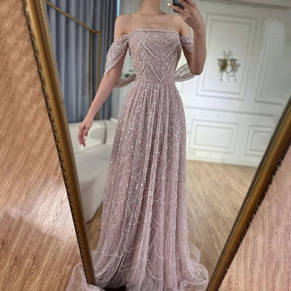 Luxury Beaded Pink Off-the-Shoulder A-Line Evening Dress LA72738
